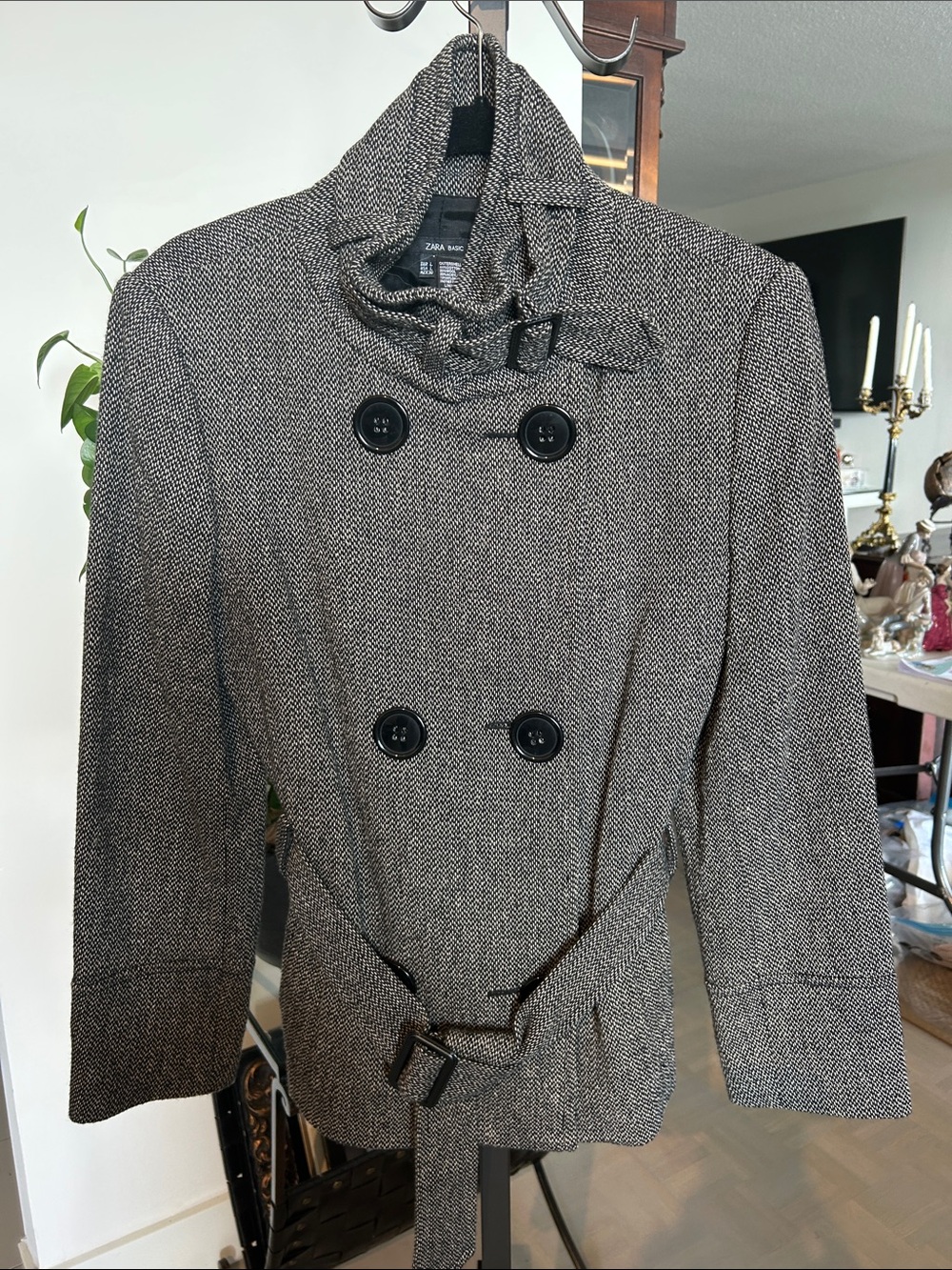 Zara Black & taupe Herringbone DB Pea Coat waist and neck belt/waist closure